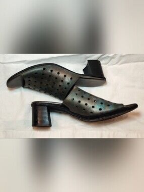 Munro Jules Perforated Leather Sandal/Slide Block Heel Blk/Slvr/Grn Size 9
